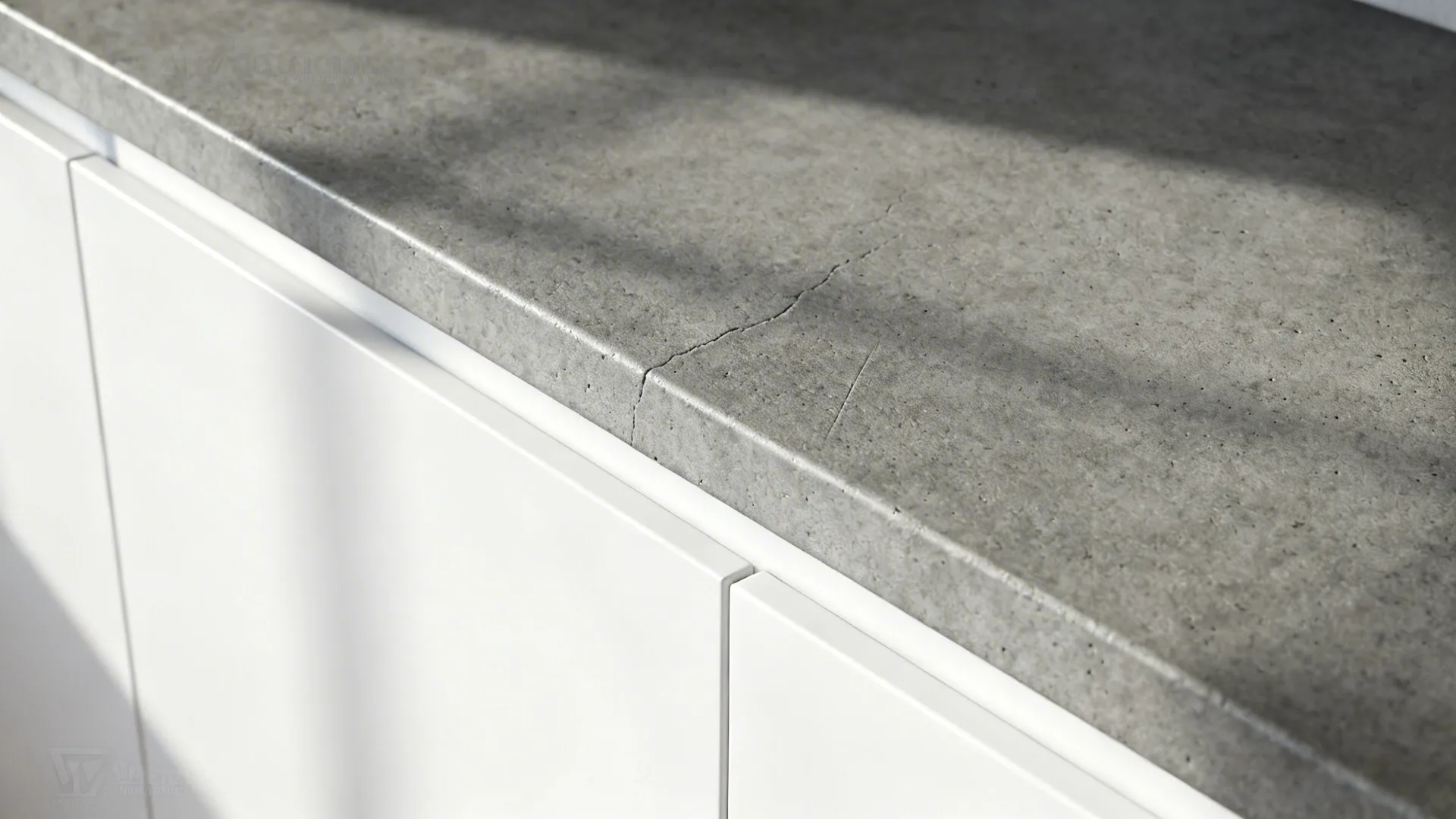 Matte concrete countertop texture beside white cabinetry for an industrial-chic contrast.