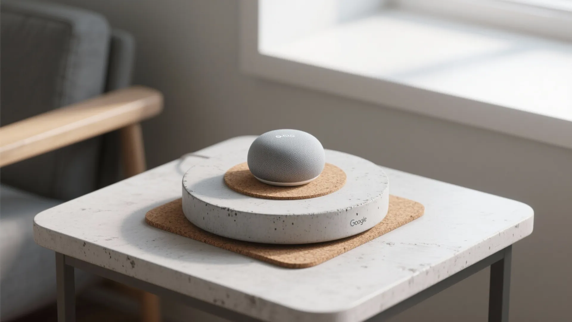 Grey smart speaker sitting on round concrete and cork pads on a white side table
