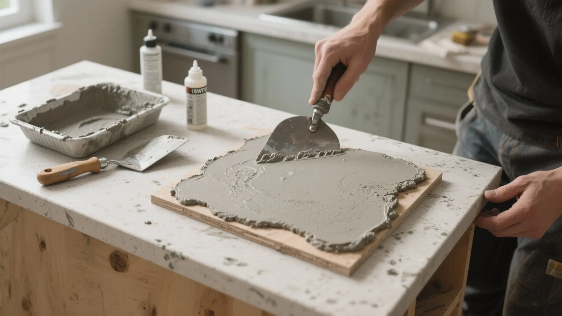 Person using a metal tool to spread wet grey concrete on a piece of wood