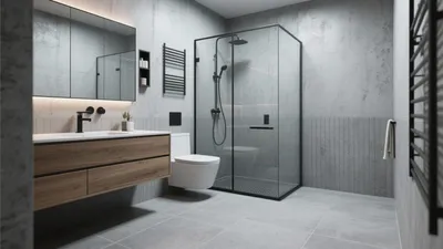 Modern Industrial Bathroom with Concrete Textures & Smart Storage