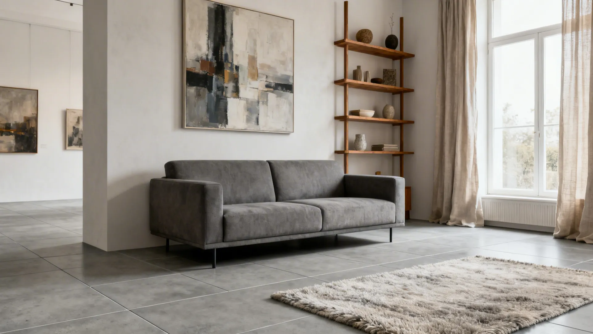 Calm living room with matte concrete-look tiles, art, and warm oak accents.