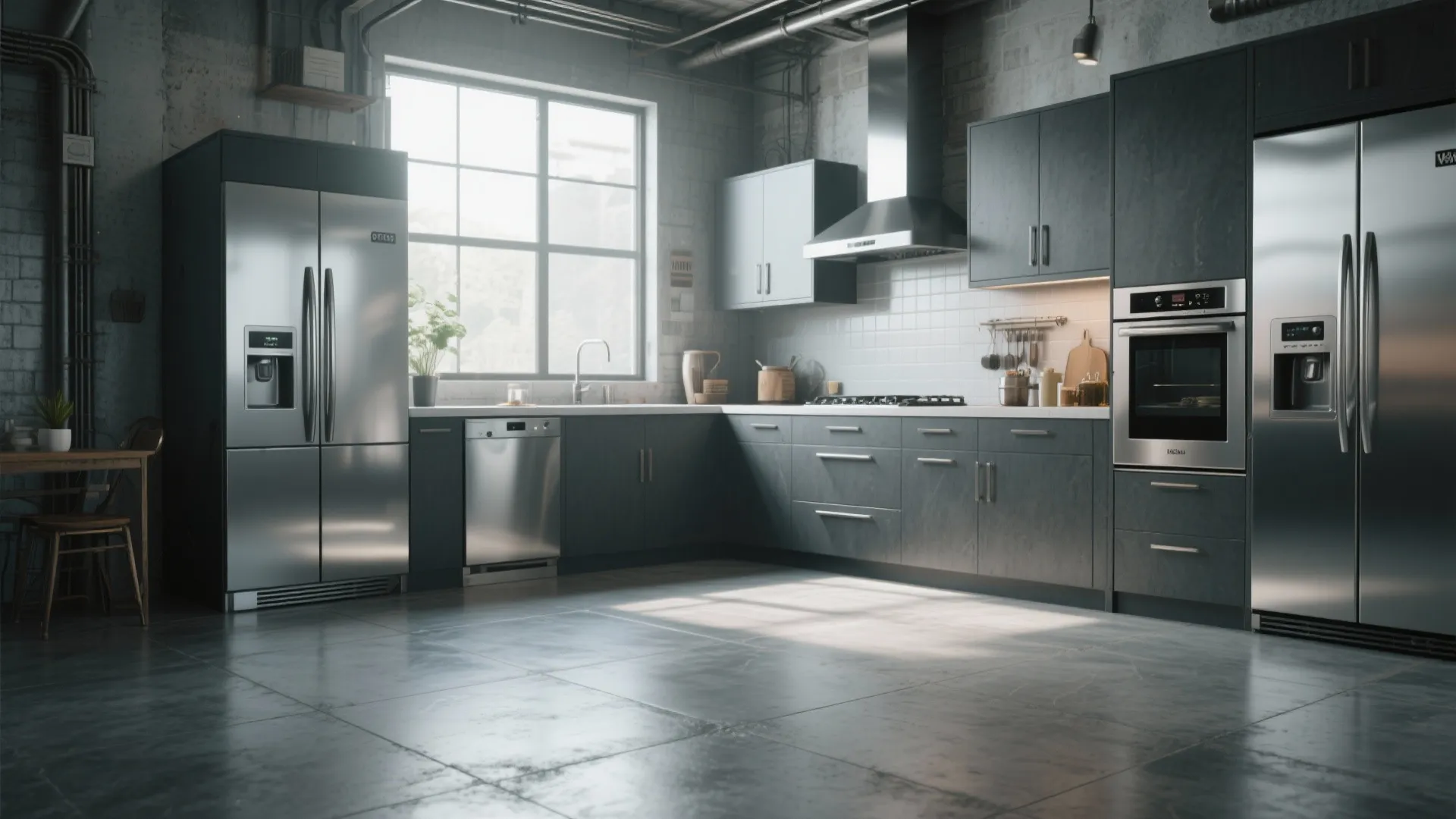 Modern industrial kitchen with grey cabinets stainless steel appliances concrete flooring large window and natural light