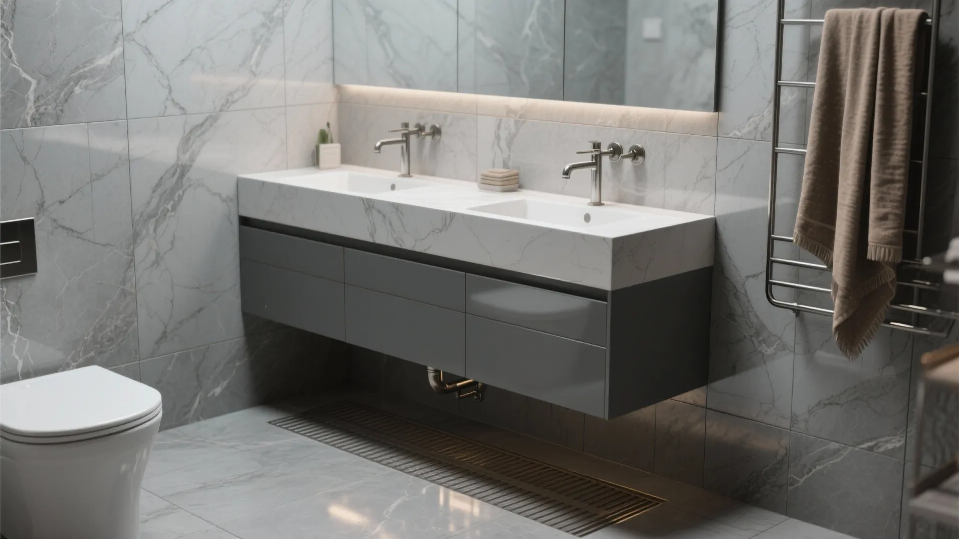 4. Polished concrete-effect tiles with subtle veining