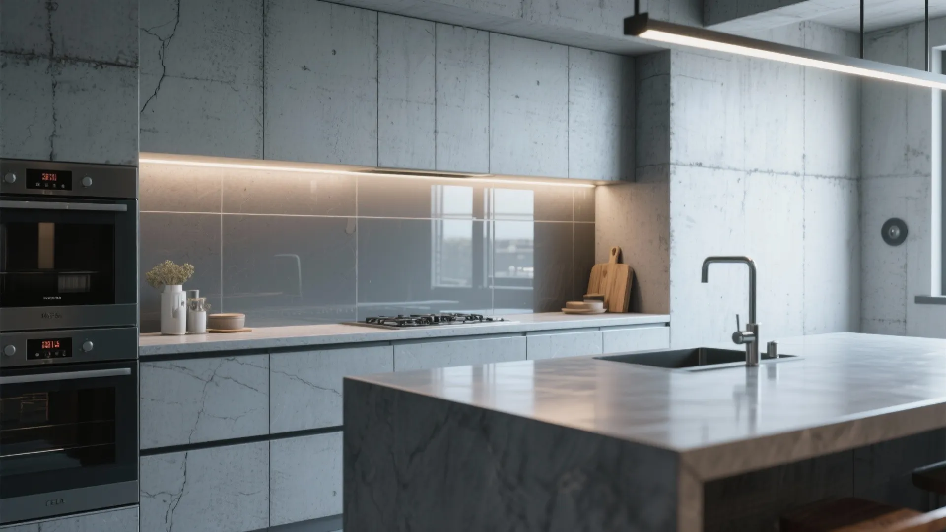 3. Concrete countertop + epoxy resin backsplash