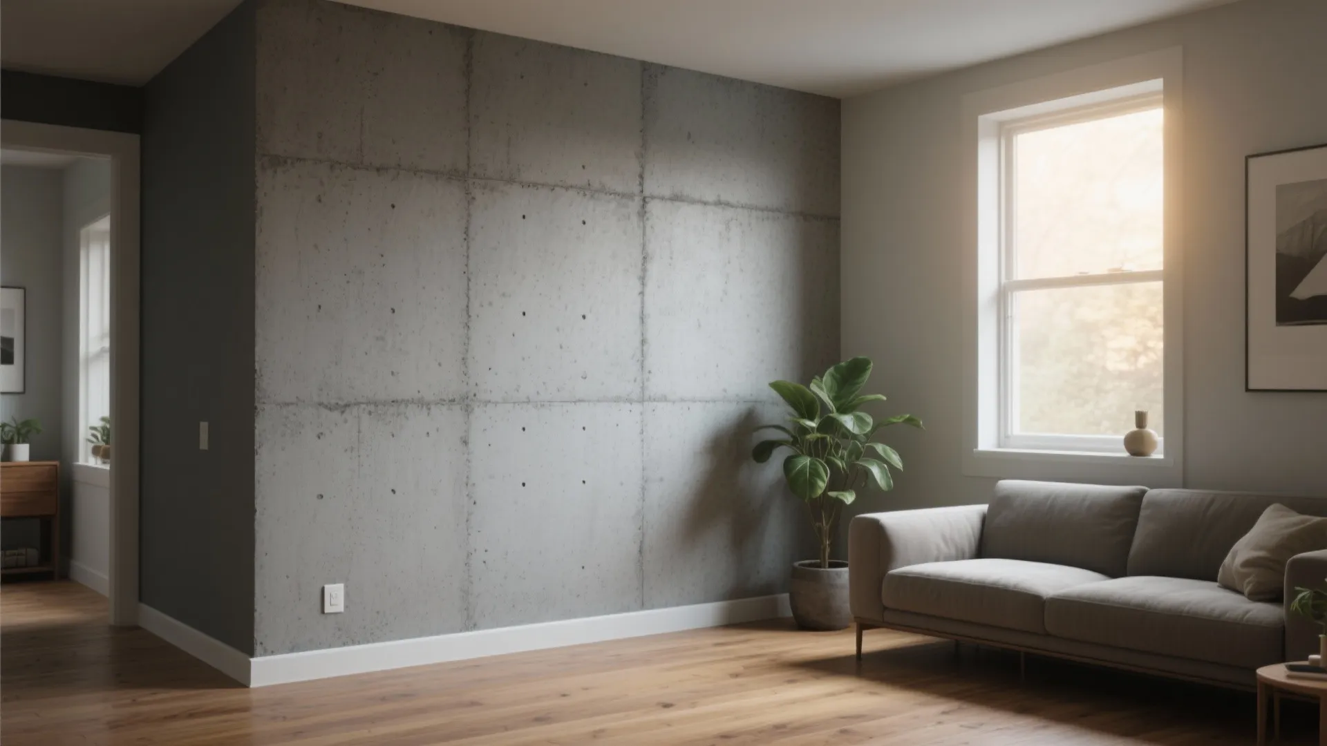 Modern living room featuring a grey concrete wall panel wood floor grey sofa and plant