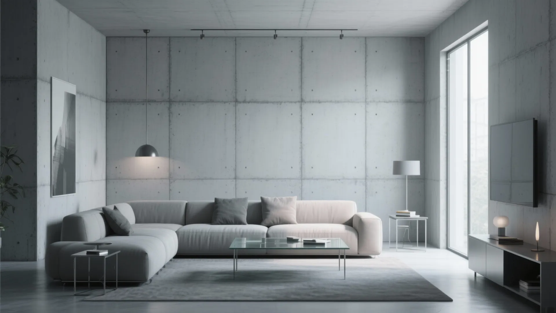 Minimalist living room with grey concrete wall panel, large sofa, glass table, and television stand