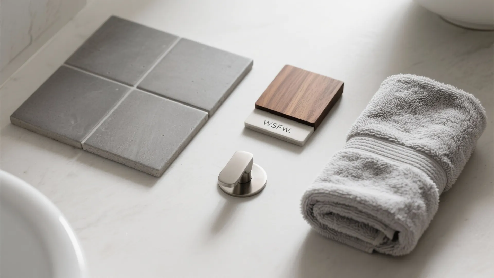 Grey square floor tiles wood material sample metal handle and rolled grey towel on surface