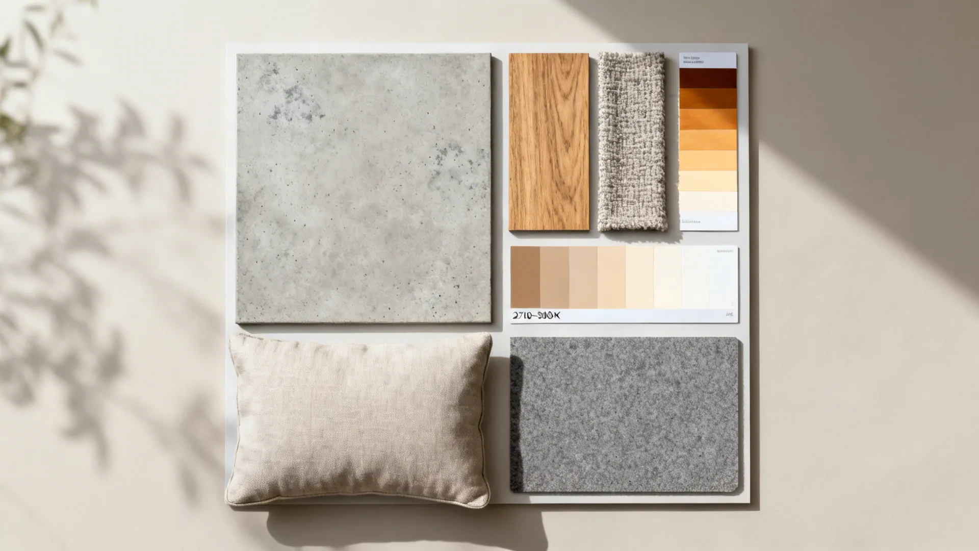 Top-down materials board with concrete-look tile, oak, boucle, and warm lighting swatches.