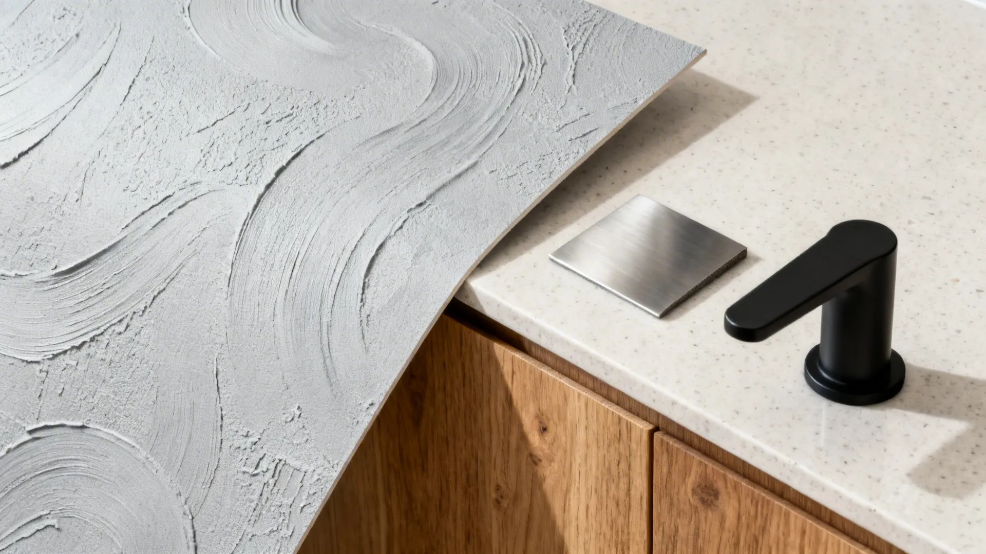 Flatlay of plaster-effect wallpaper with stainless, black hardware, oak wood, and light quartz samples.