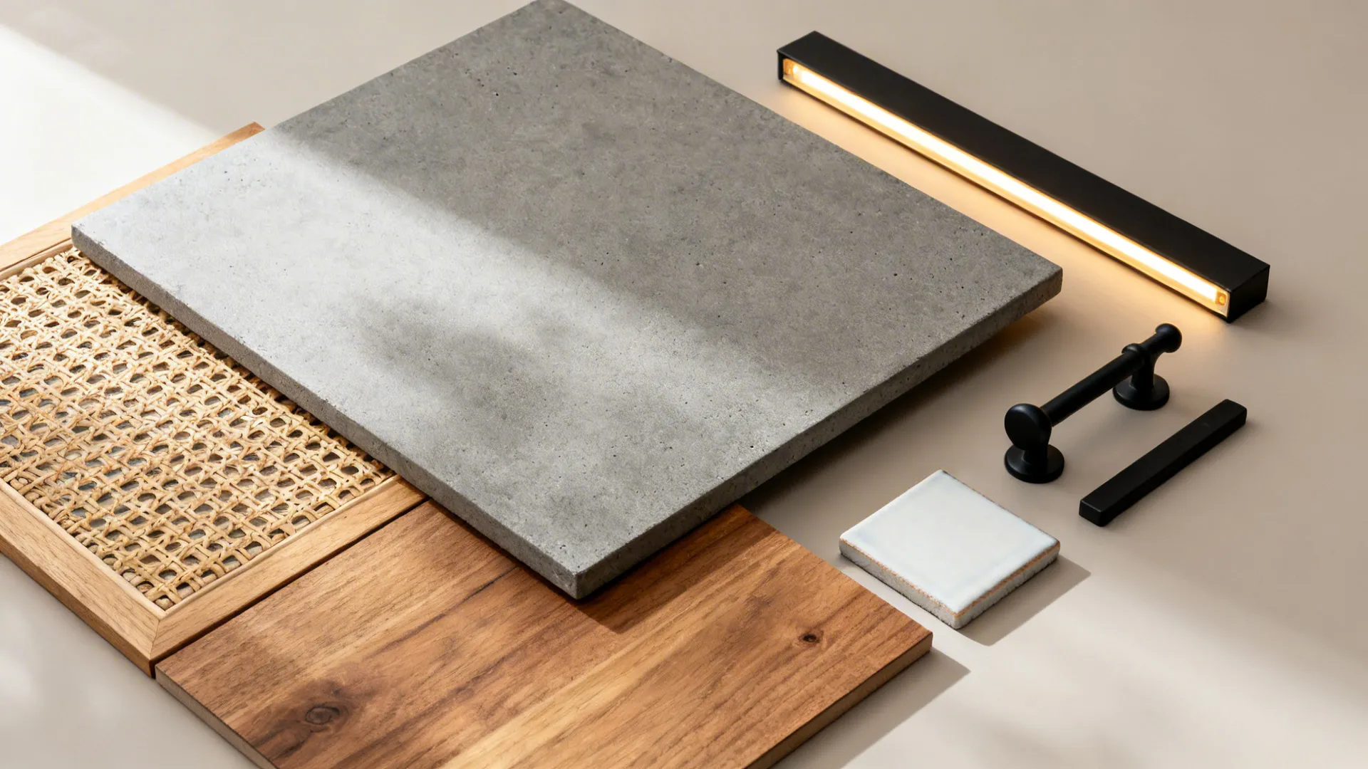 Top-down material flat lay with concrete-look grey slab, oak, cane, and matte black hardware.