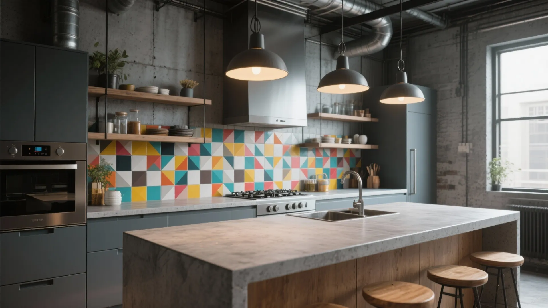 4. Concrete Countertops with Geometric Tiles