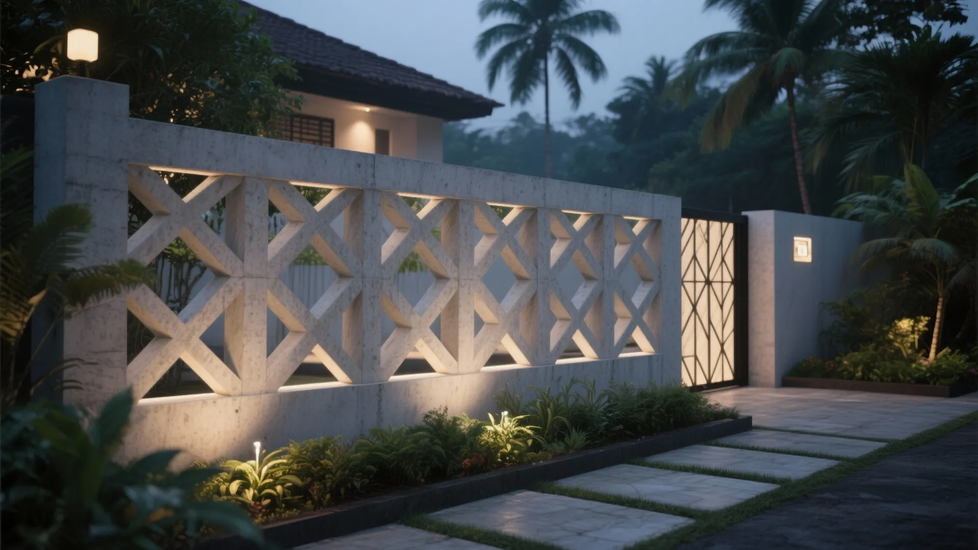 Grey concrete wall with geometric pattern and soft lighting along a modern home garden path