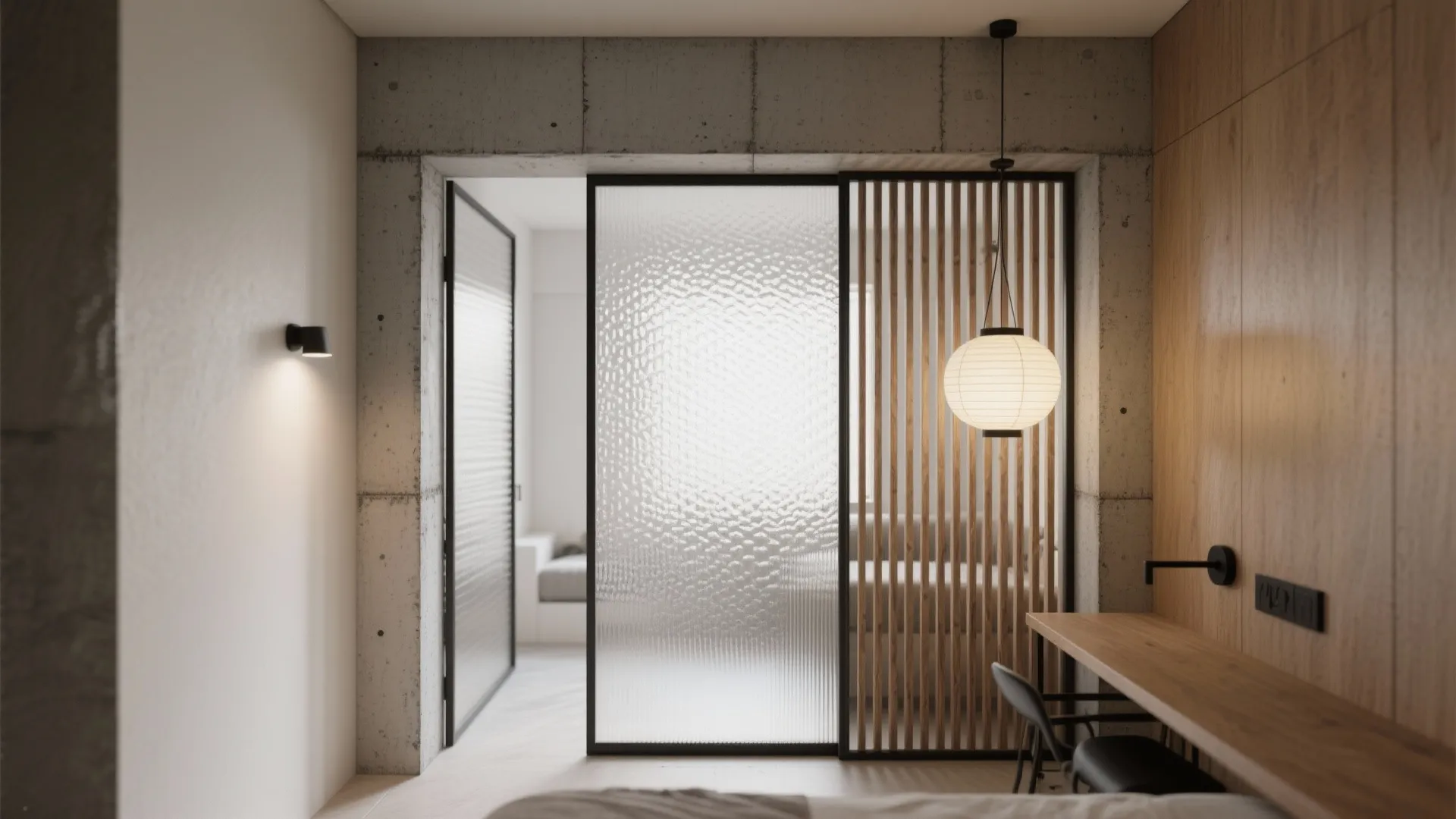 Modern bedroom featuring a glass sliding door with wood slats and a round white ceiling light
