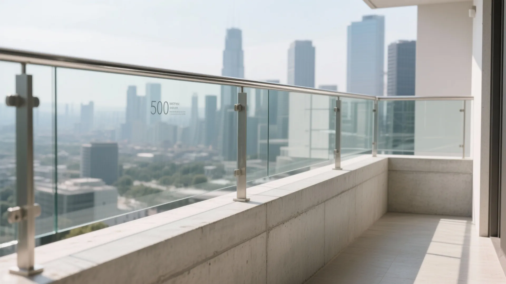 Modern balcony with glass railing and concrete base overlooking a sunny city skyline with many buildings