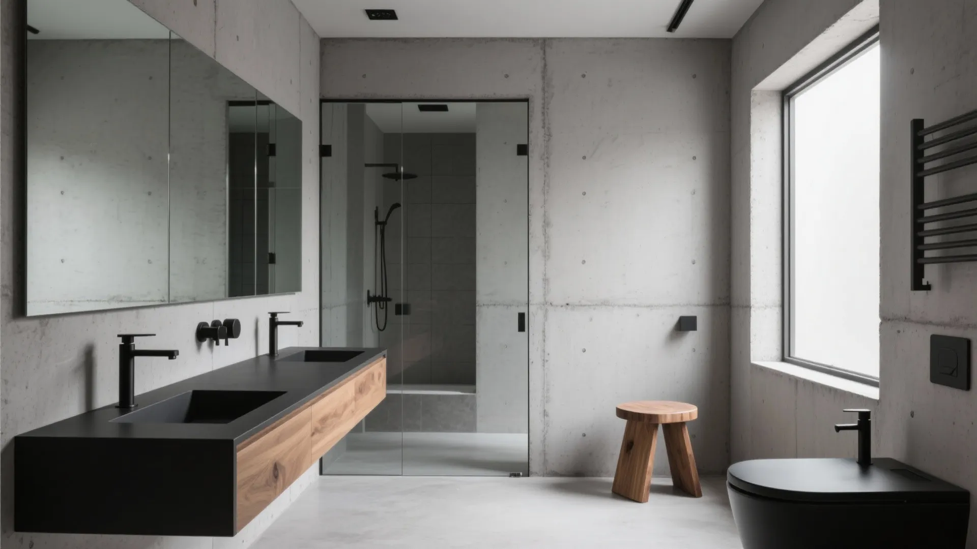 Concrete gray minimalist bathroom with black fixtures