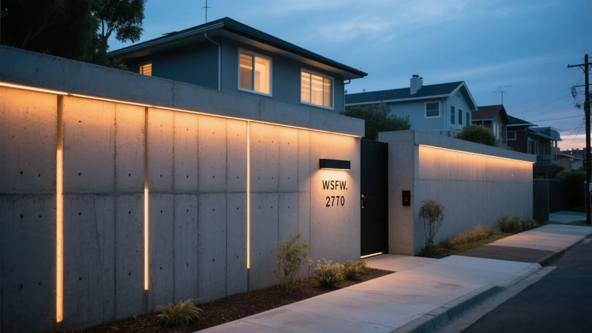 Modern concrete fence with warm wall lights along a sidewalk outside house at blue dusk