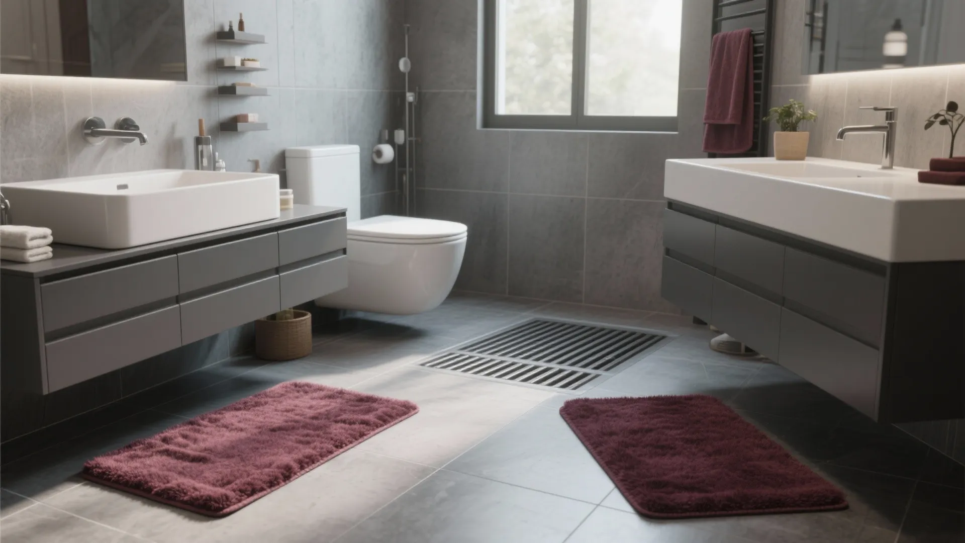Grey bathroom interior featuring two burgundy floor rugs double sinks and dark grey storage cabinets