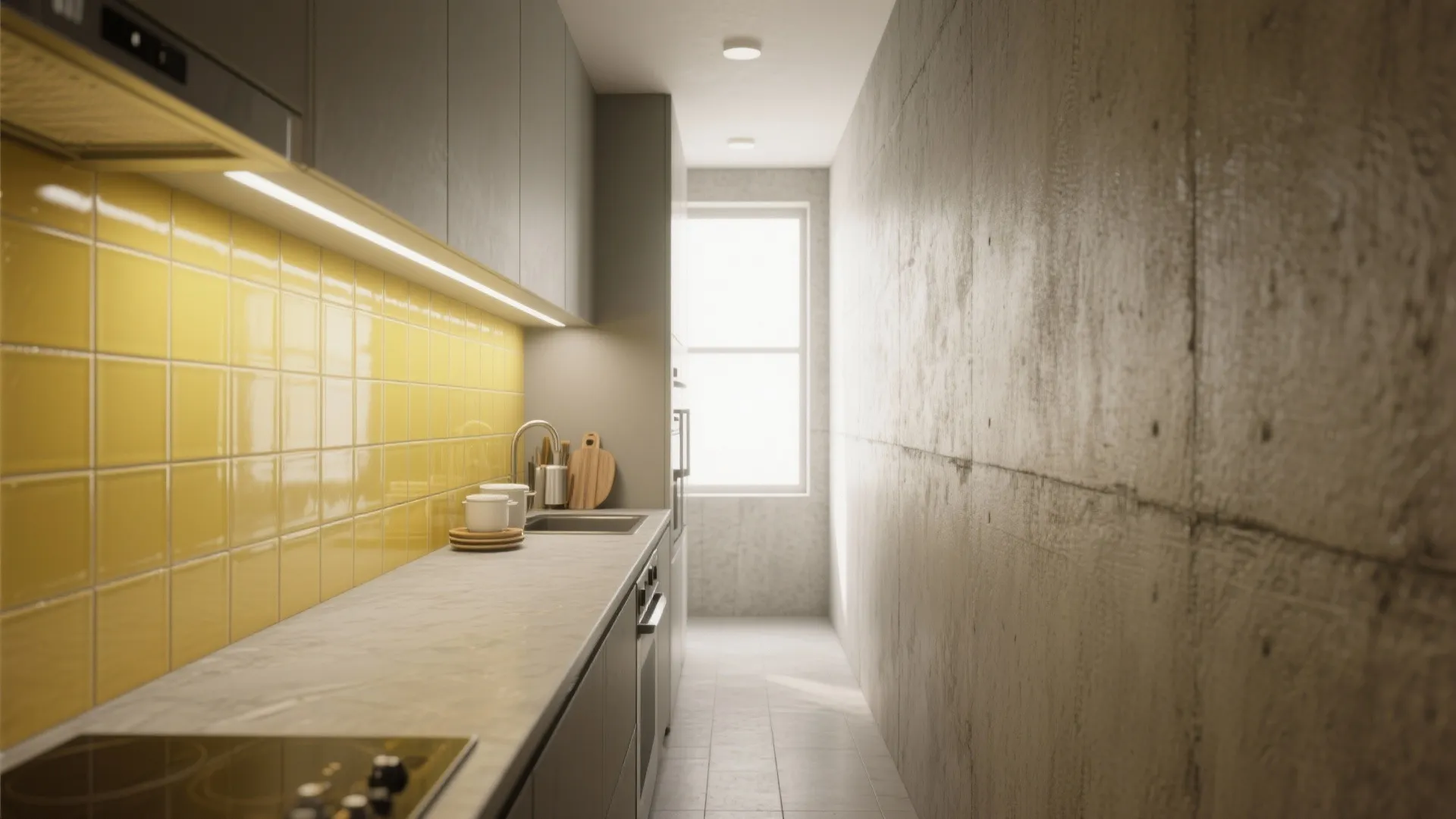Modern narrow kitchen with yellow tile backsplash grey cabinets concrete wall and bright window light