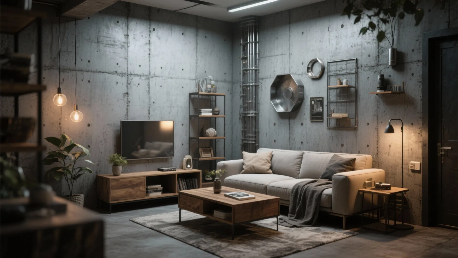 Industrial living room with concrete walls wooden furniture white sofa and warm hanging ceiling lights