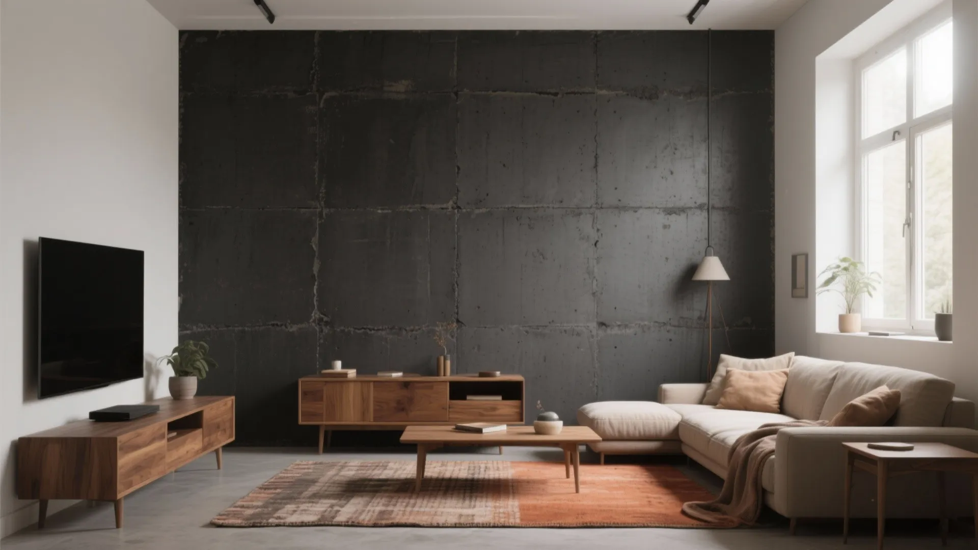 Modern living room with dark grey wall panel cream sofa wooden table and orange rug