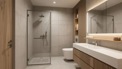 Modern Bathroom Design with Wood and Concrete Accents