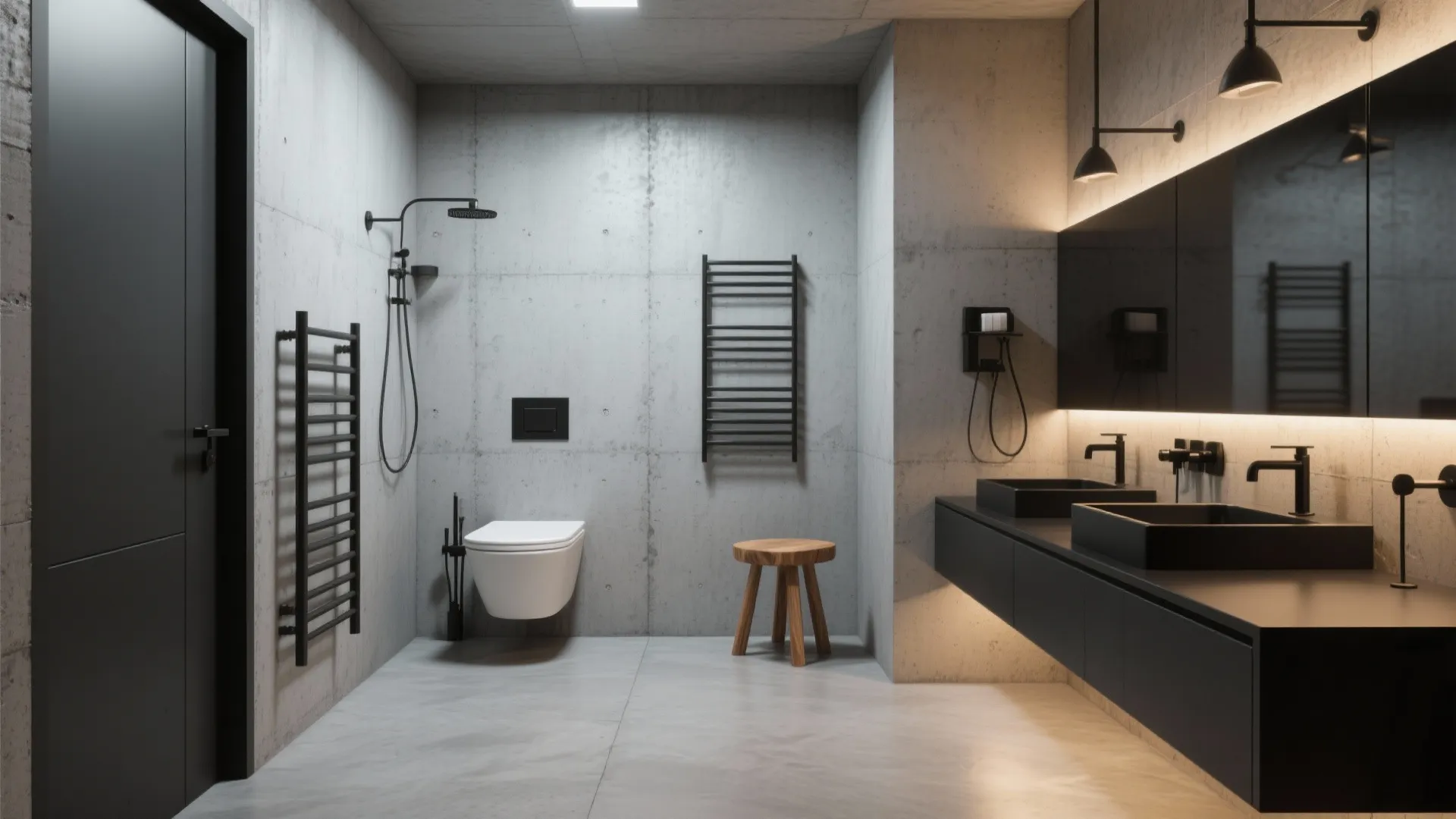 Industrial bathroom with concrete walls black double sink cabinet white toilet wooden stool and lights