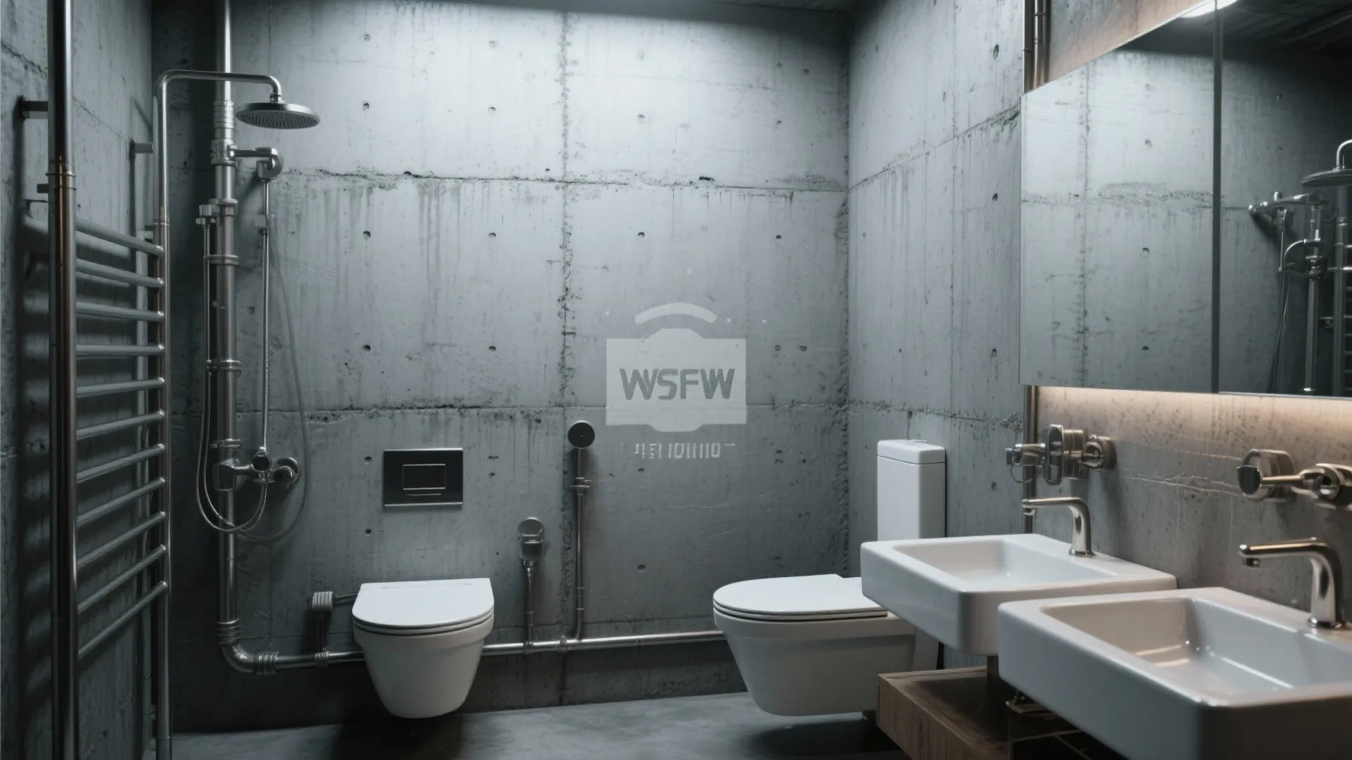 Industrial style bathroom with raw concrete walls plus silver metal pipes and white ceramic toilets