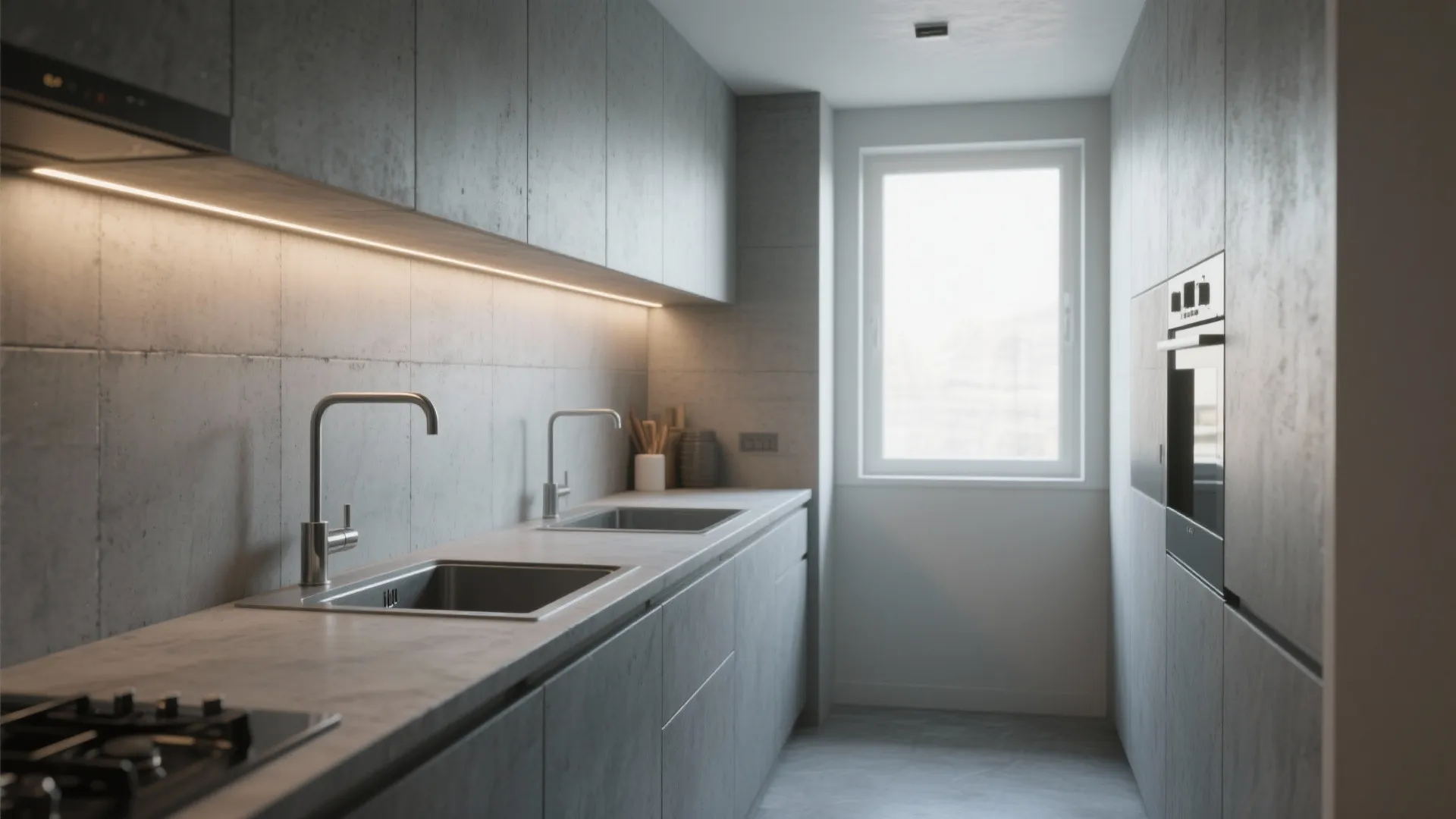 Narrow grey kitchen with under cabinet lighting window at the end and two silver sinks