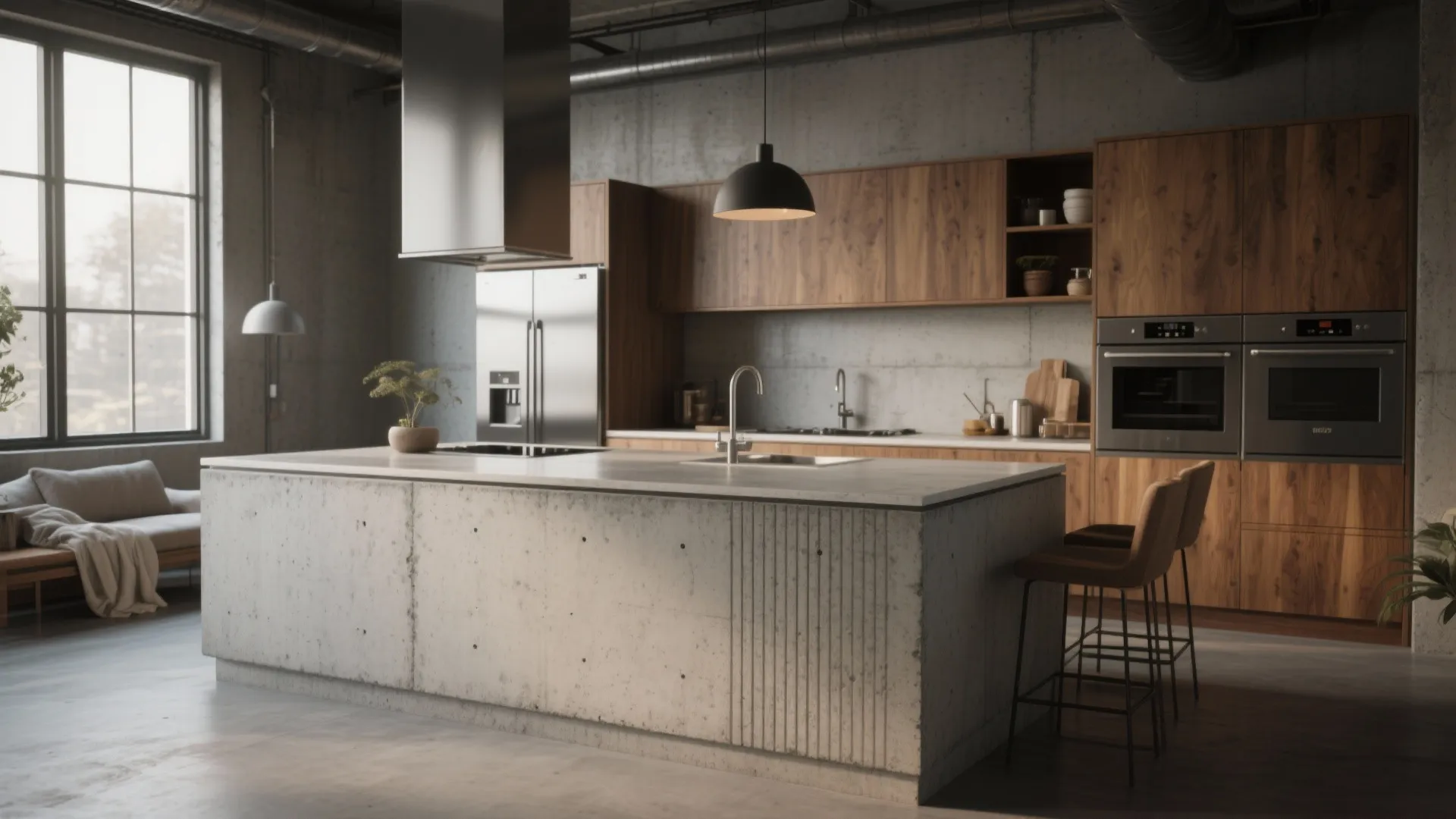 Industrial style kitchen with large concrete island wooden cabinets black ceiling light and big windows view