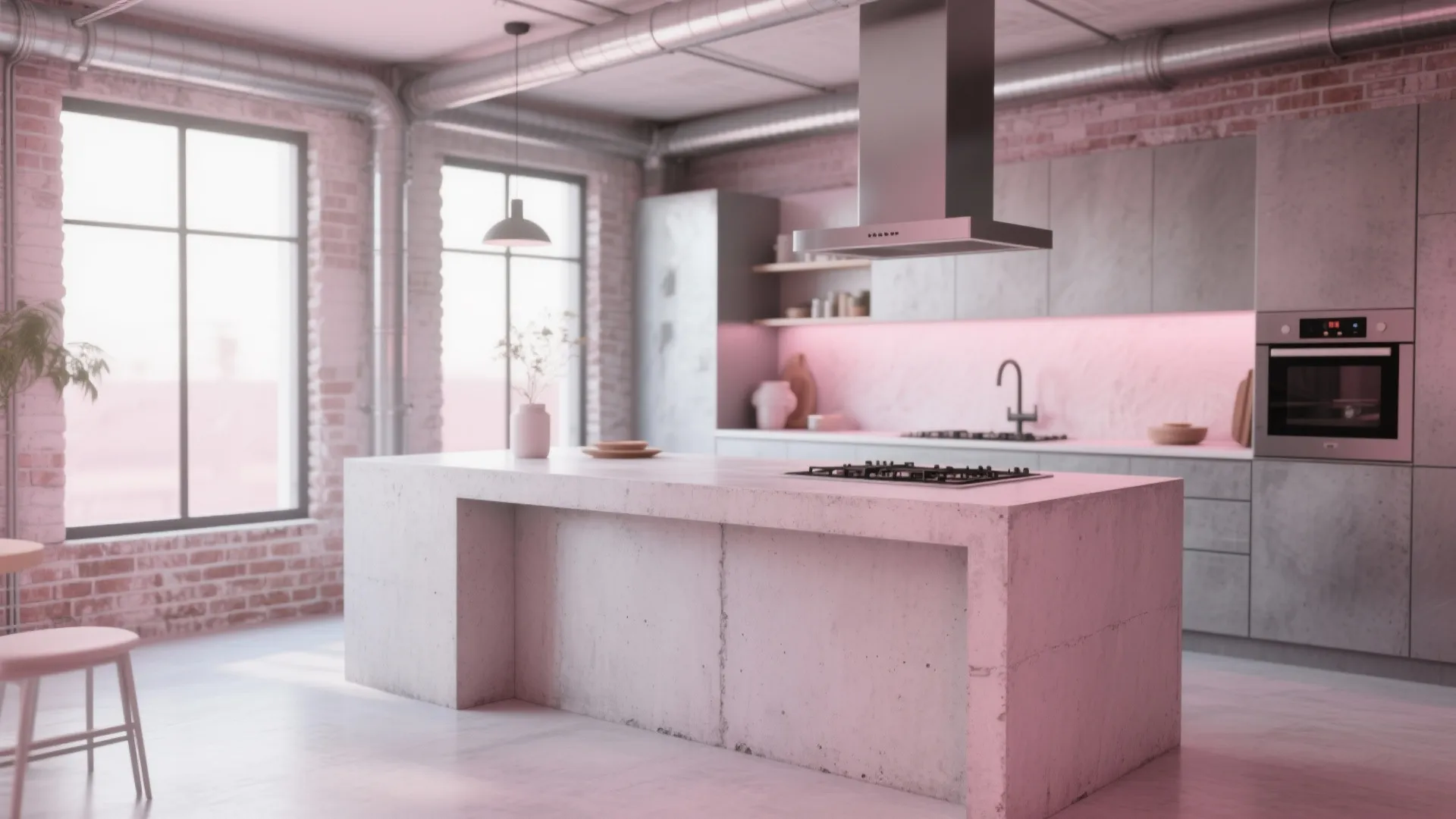 Industrial kitchen with concrete island and brick walls under pink light with metal ceiling pipes
