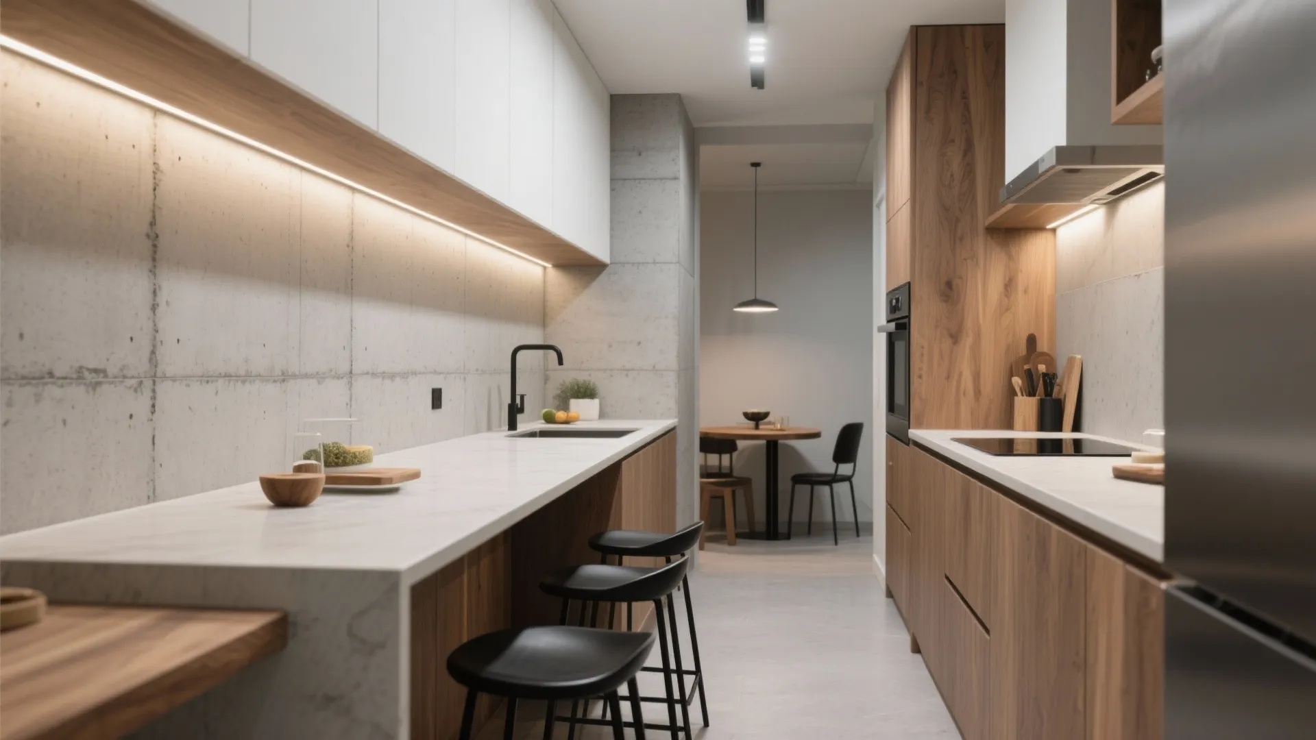 Kitchen: Concrete Backsplash and a Slim Peninsula