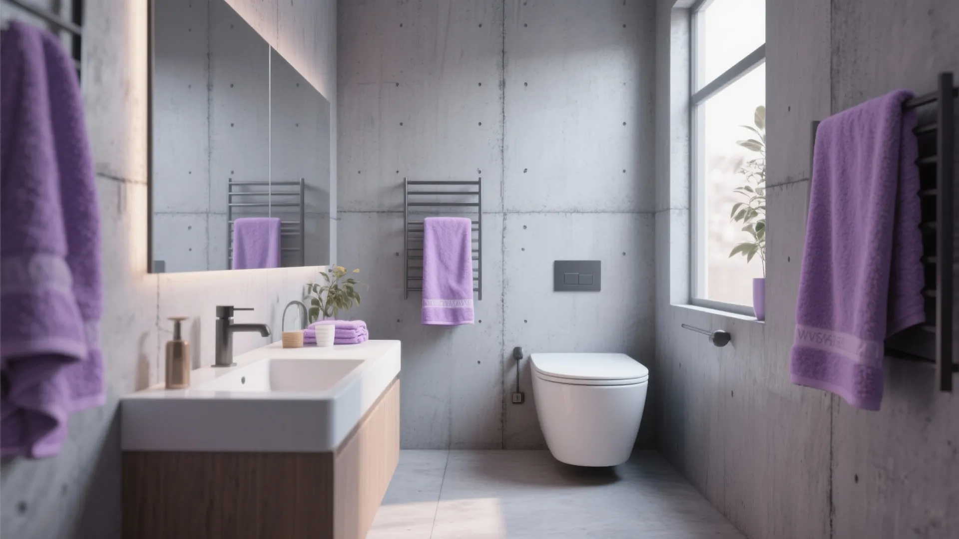Modern bathroom with grey concrete walls featuring white sink wooden cabinet and bright purple towels