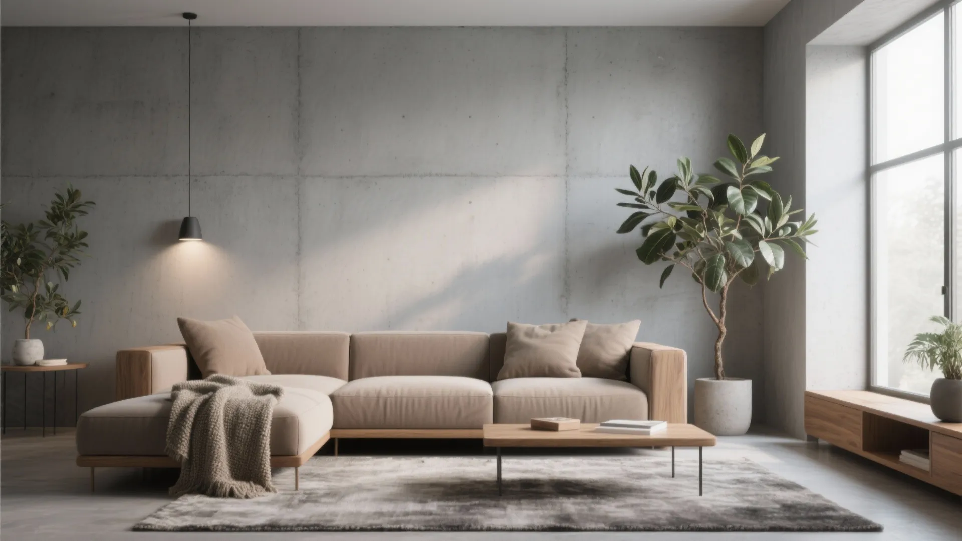 Modern living room with beige sofa wooden coffee table concrete wall green plants and natural light