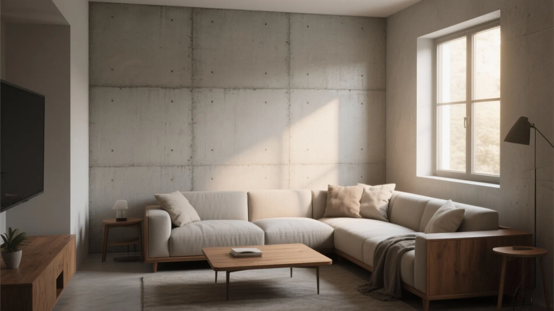 Minimalist living room with concrete wall panel, beige sofa, wooden coffee table, and natural light