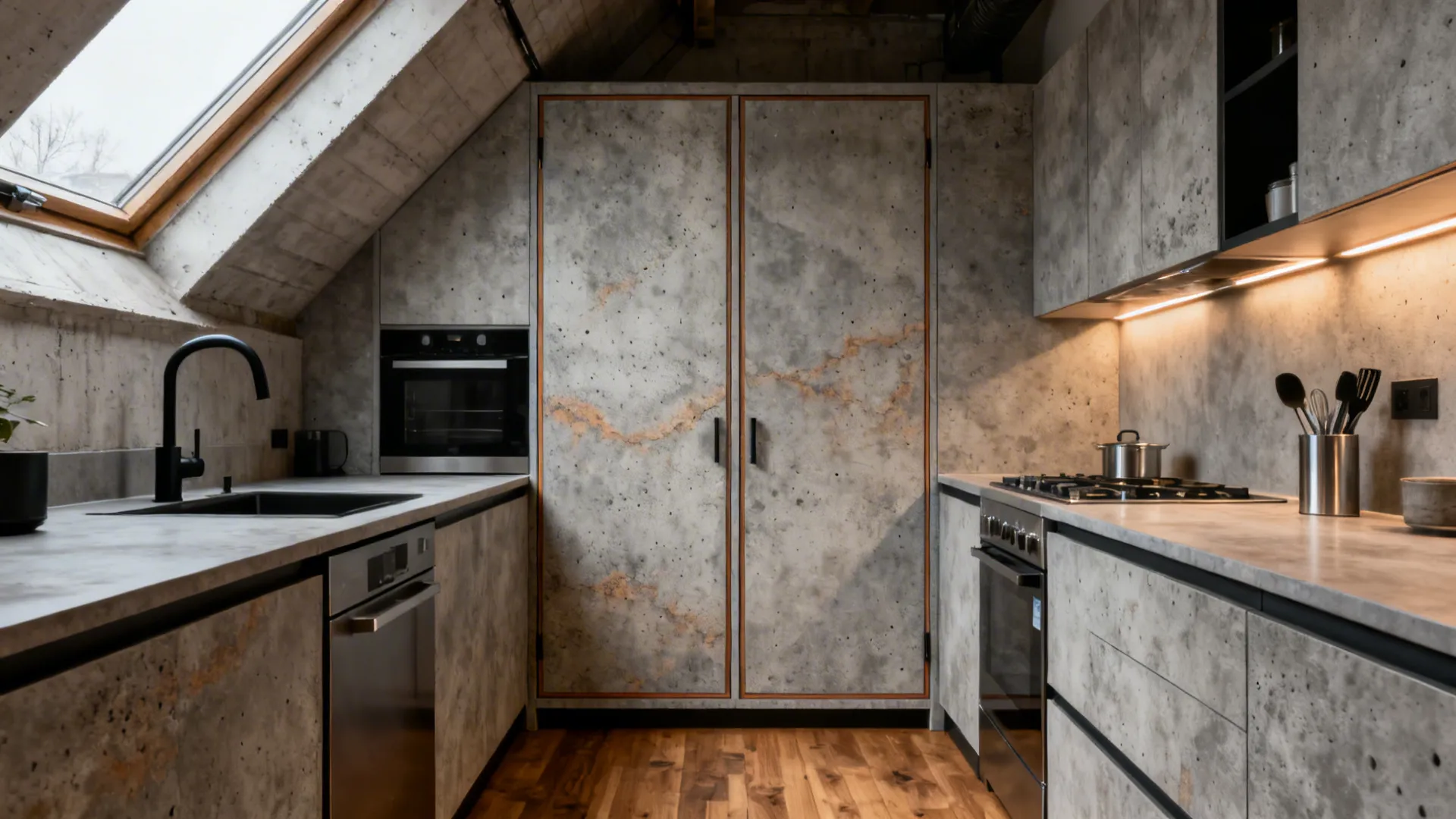 Loft kitchen with digital concrete-texture laminate pantry doors and warm lighting.