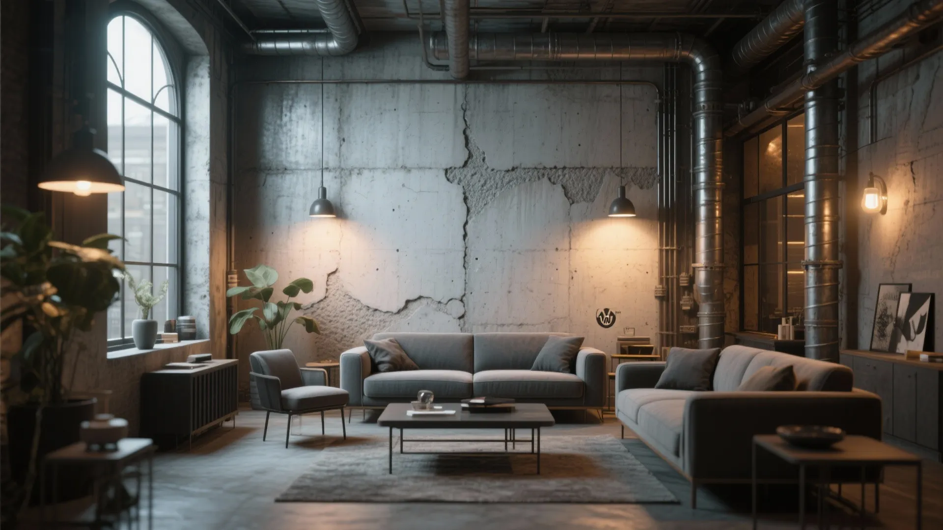 Industrial living room with concrete walls, grey sofa, metal pipes, coffee table, and light fixtures