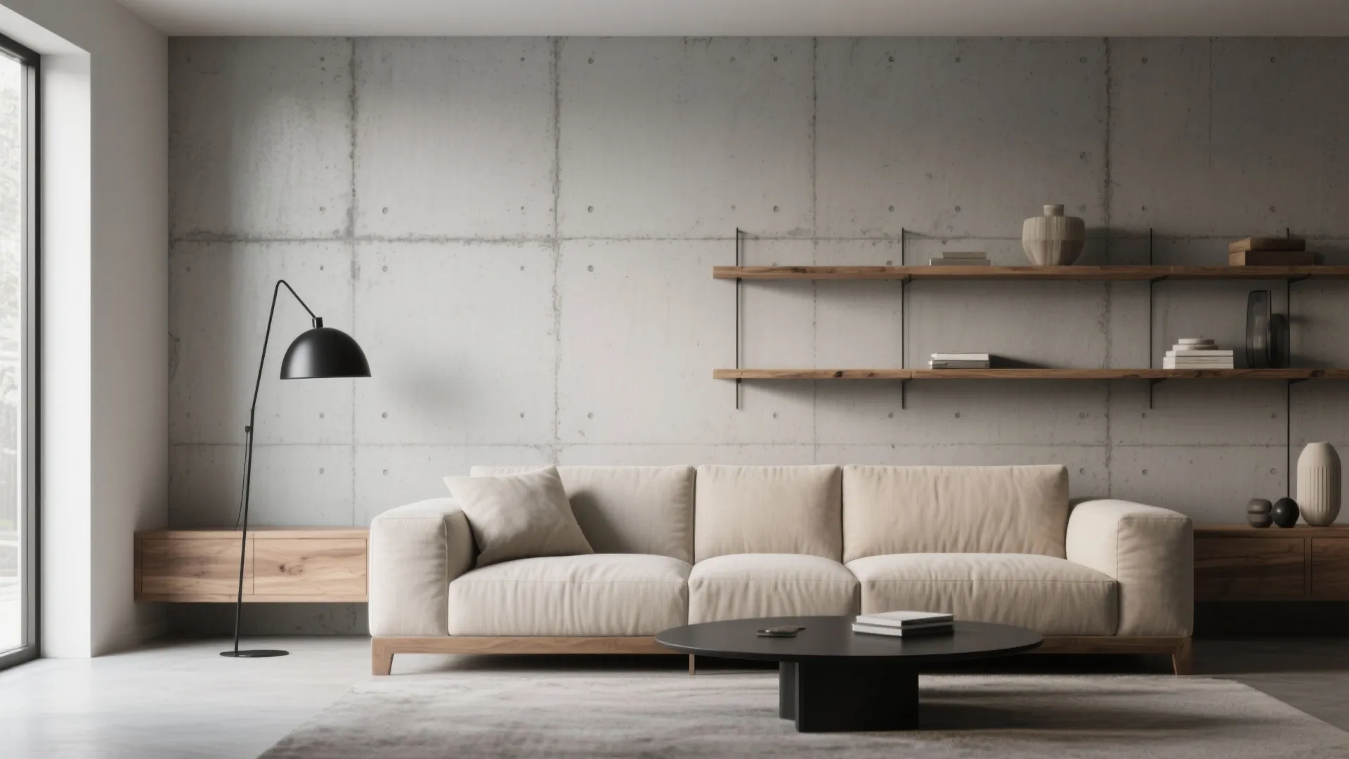 Modern living room with concrete wall beige sofa black coffee table wooden shelves and lamp