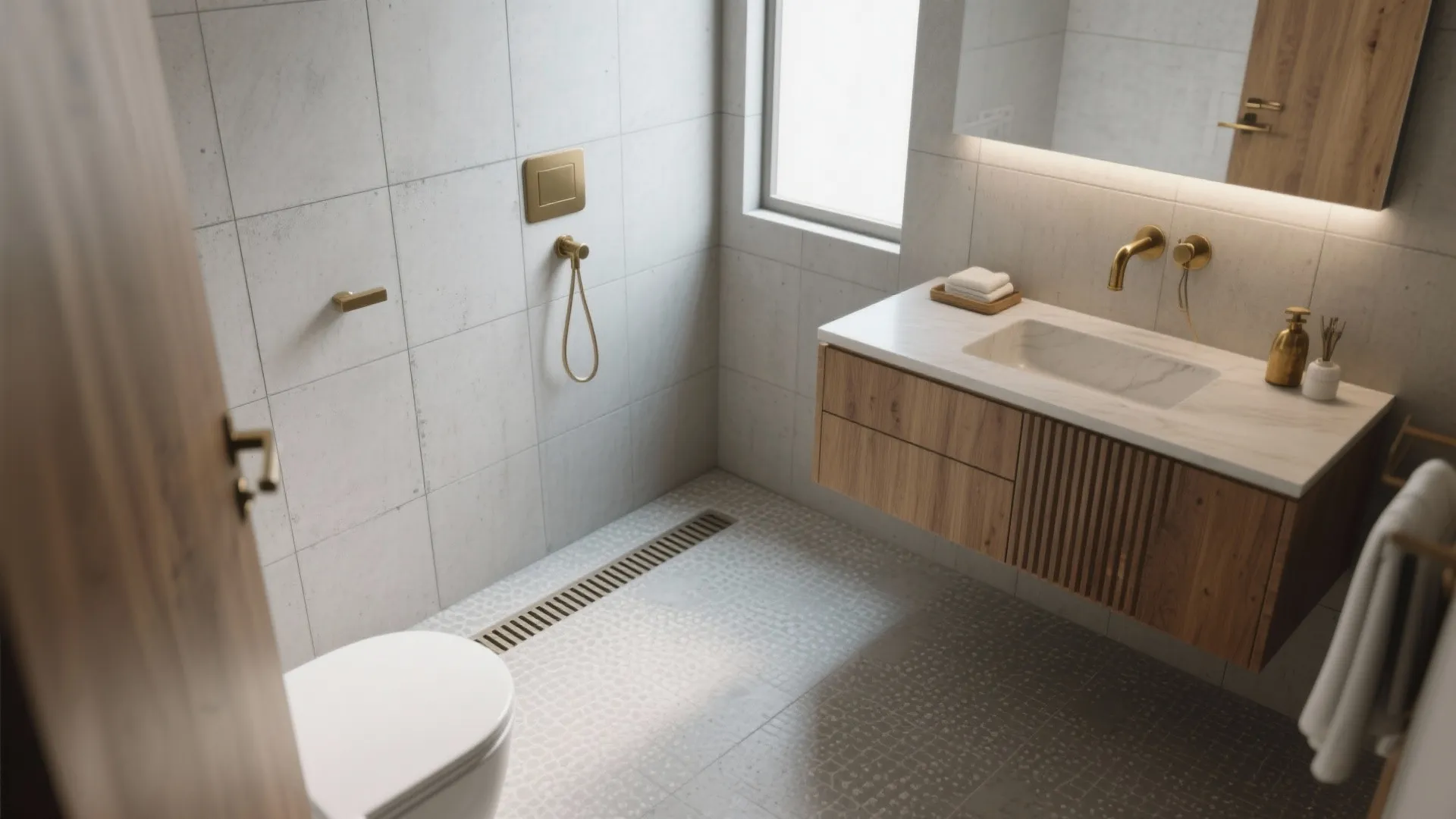 Small ensuite with matte concrete-look porcelain, warm wood, and a linear drain for a seamless, calm feel.