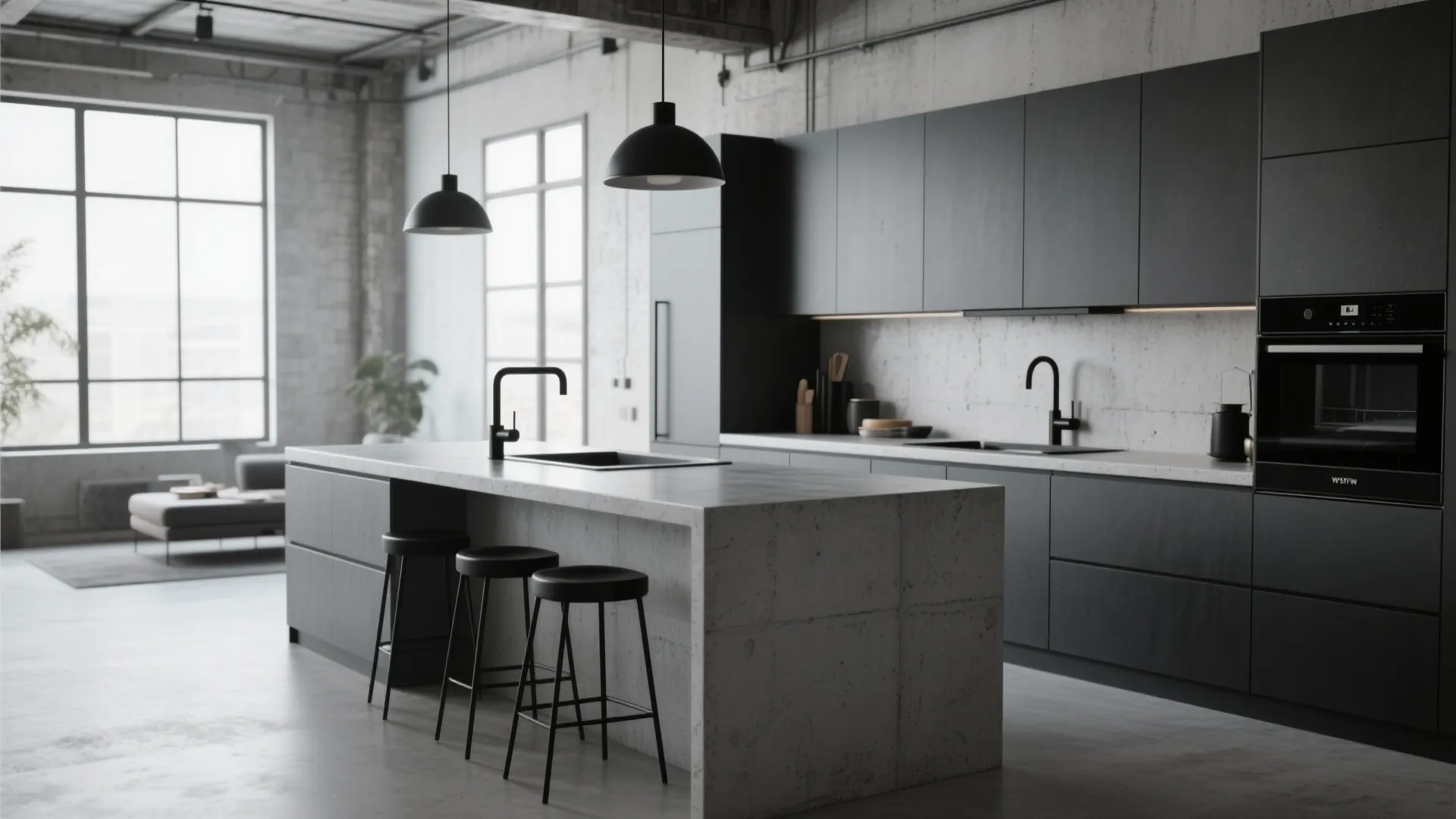 Industrial kitchen with gray concrete island black cabinets ceiling lights and large windows with stools