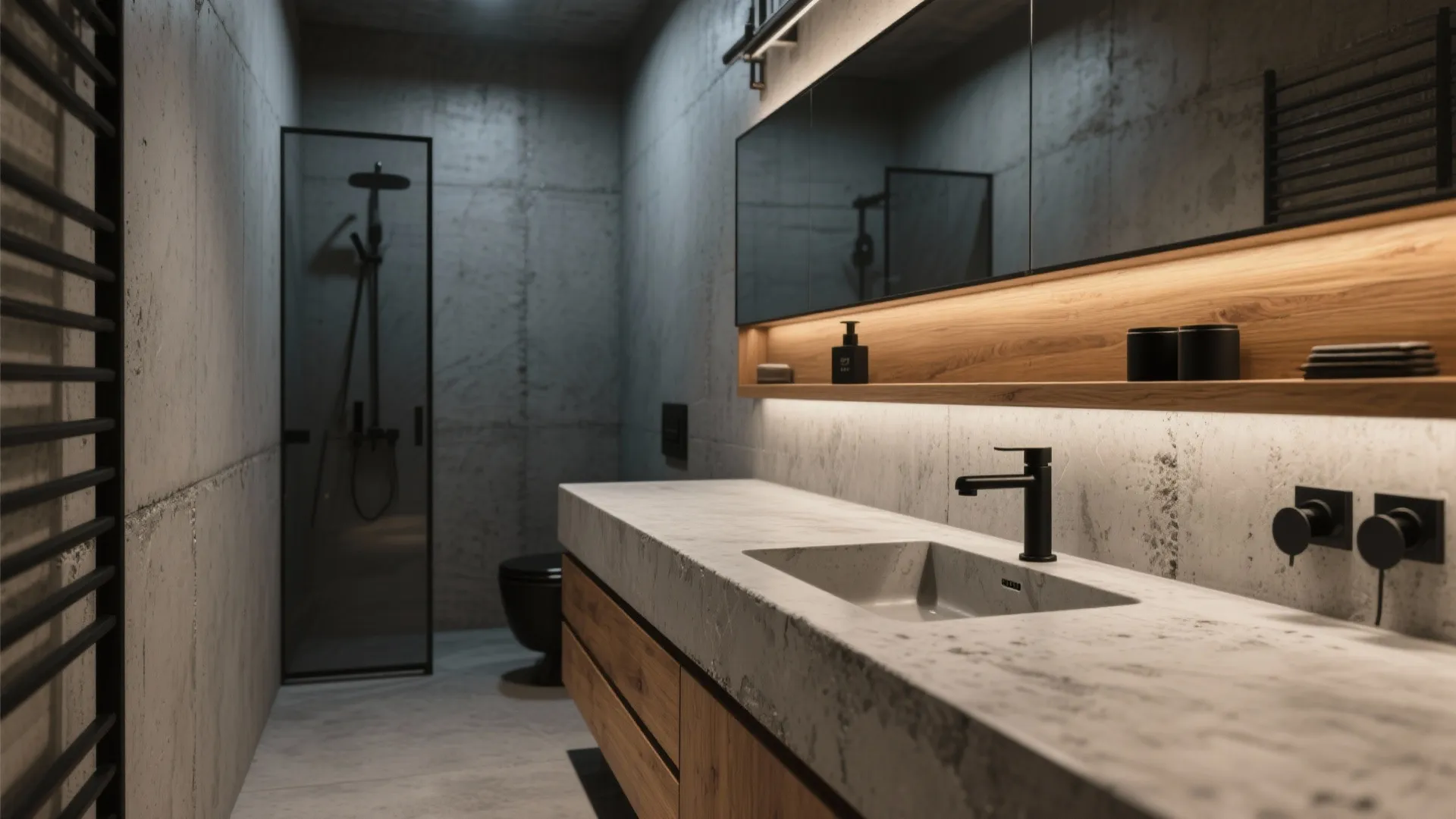 Industrial bathroom design with concrete walls wood cabinet stone sink and a modern shower stall