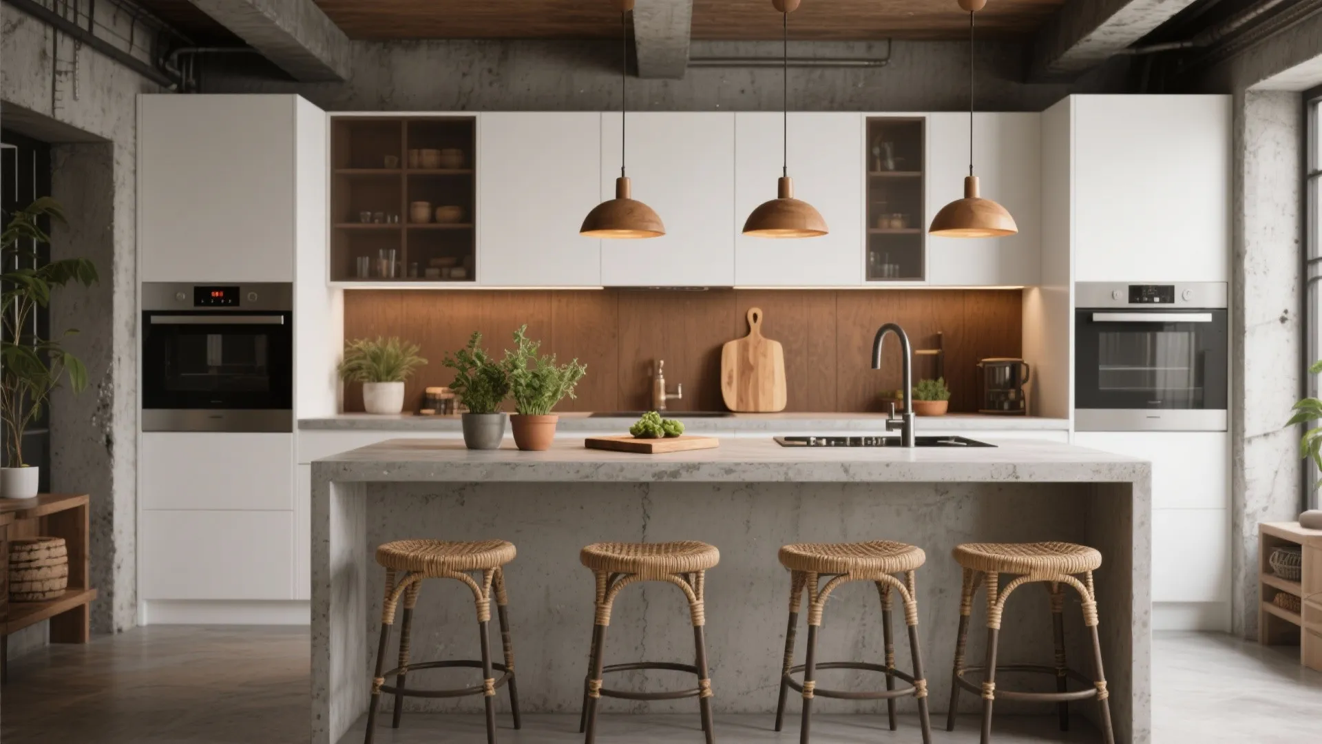 5. Warm brown concrete-look counters with ultra-white modern cabinets