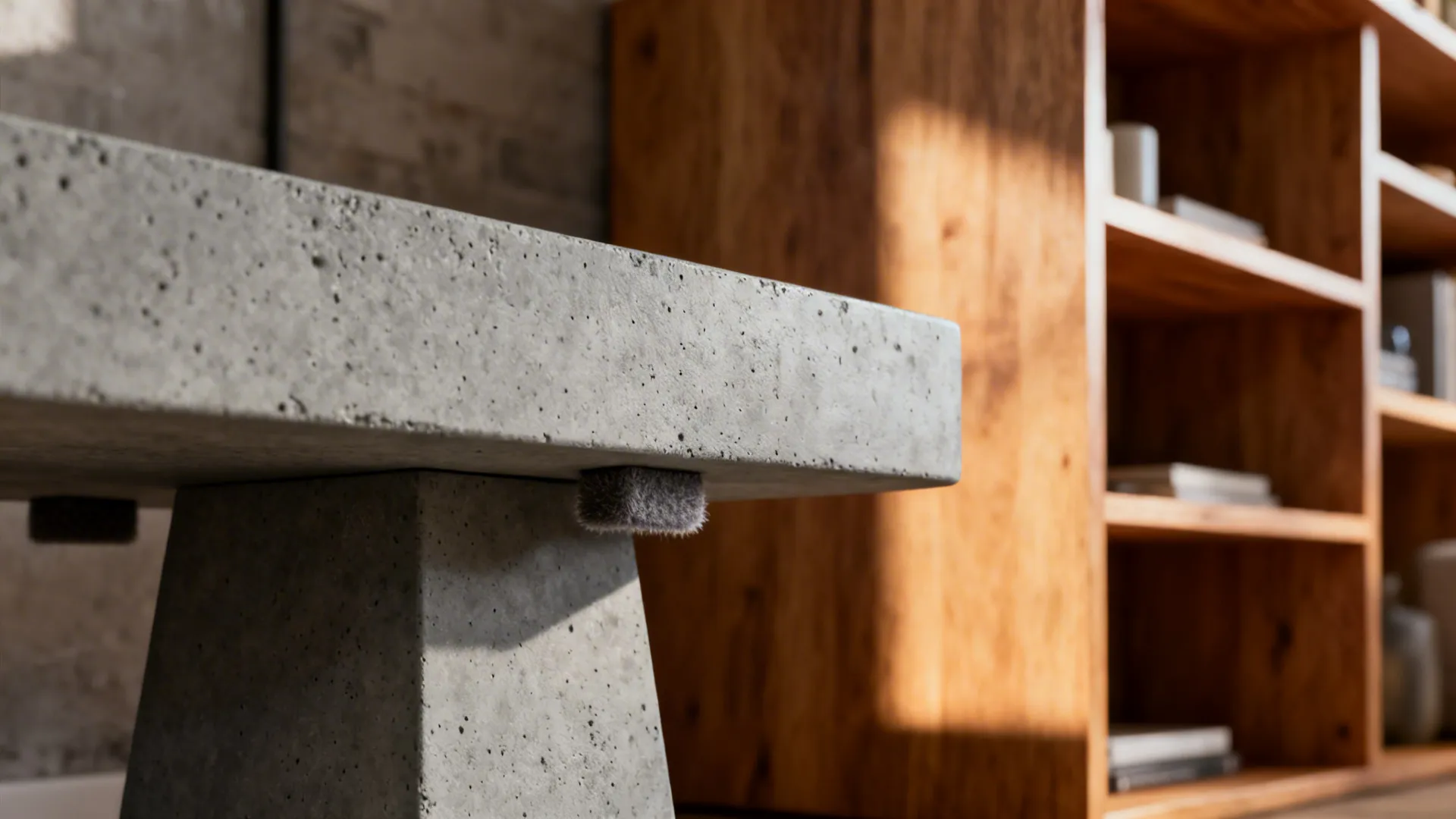 Concrete-look gray end table next to warm wood shelving showing textured surface