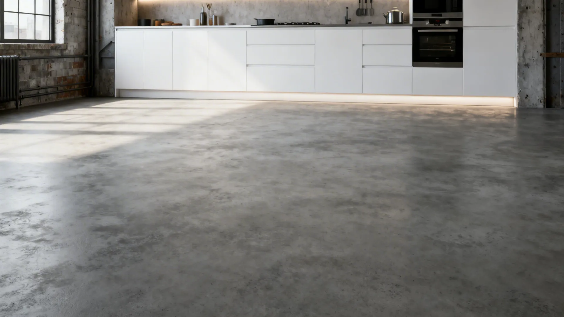 Loft kitchen with neutral concrete-look flooring and white cabinets