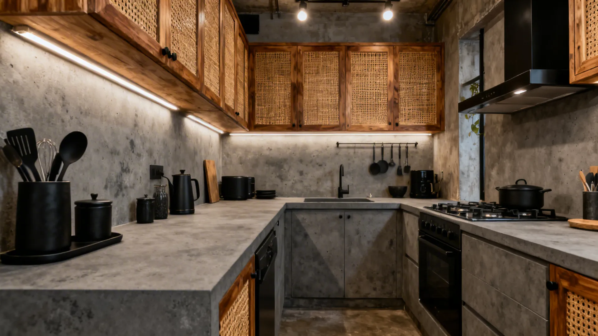 Concrete-look grey countertop with black accents and oak details in a compact industrial-style kitchen.
