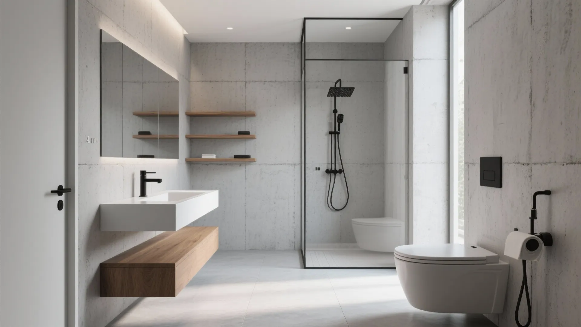 Minimalist bathroom design with concrete walls white sink wood drawer black shower and white toilet