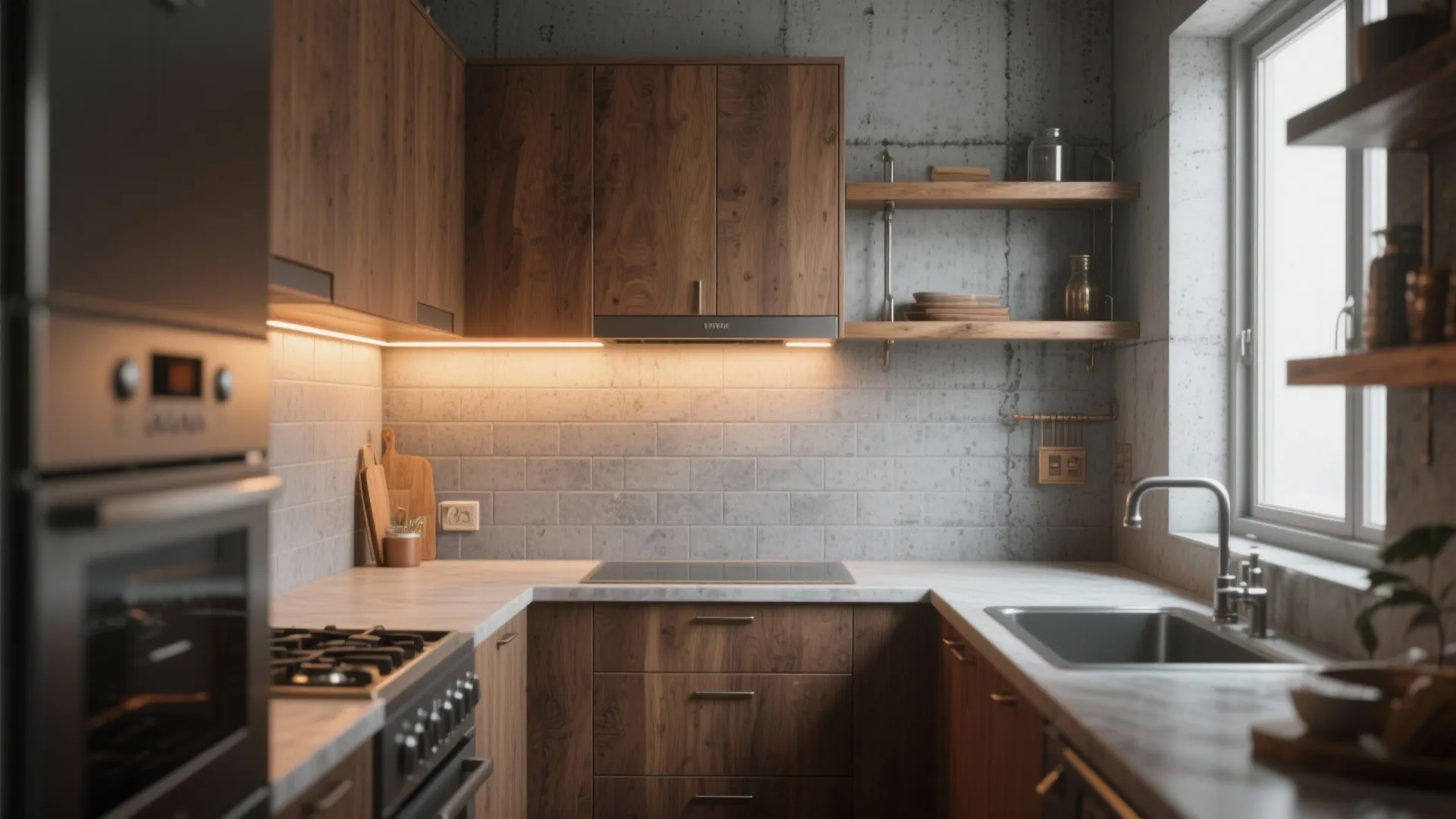 Concrete-look porcelain backsplash paired with warm wood cabinets and warm lighting.