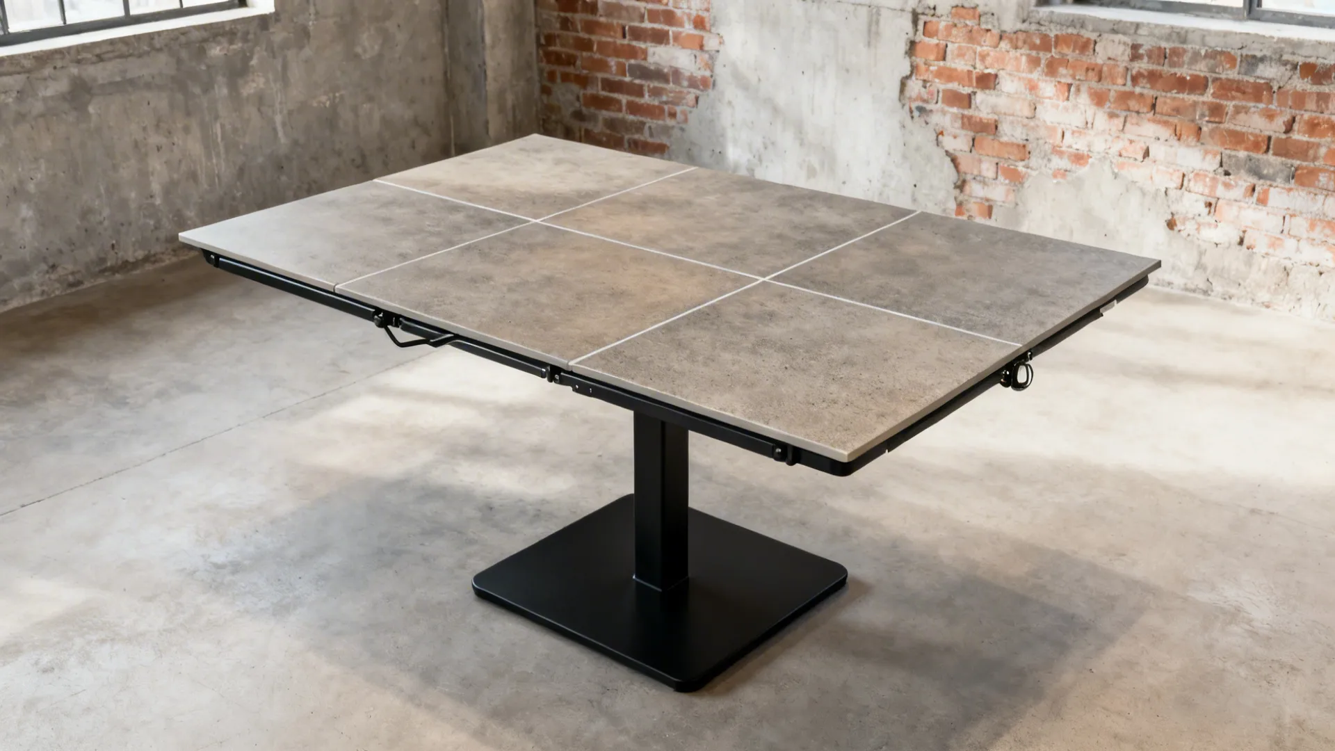Warm-gray concrete-look porcelain tiled folding table with black base in soft ambient daylight.