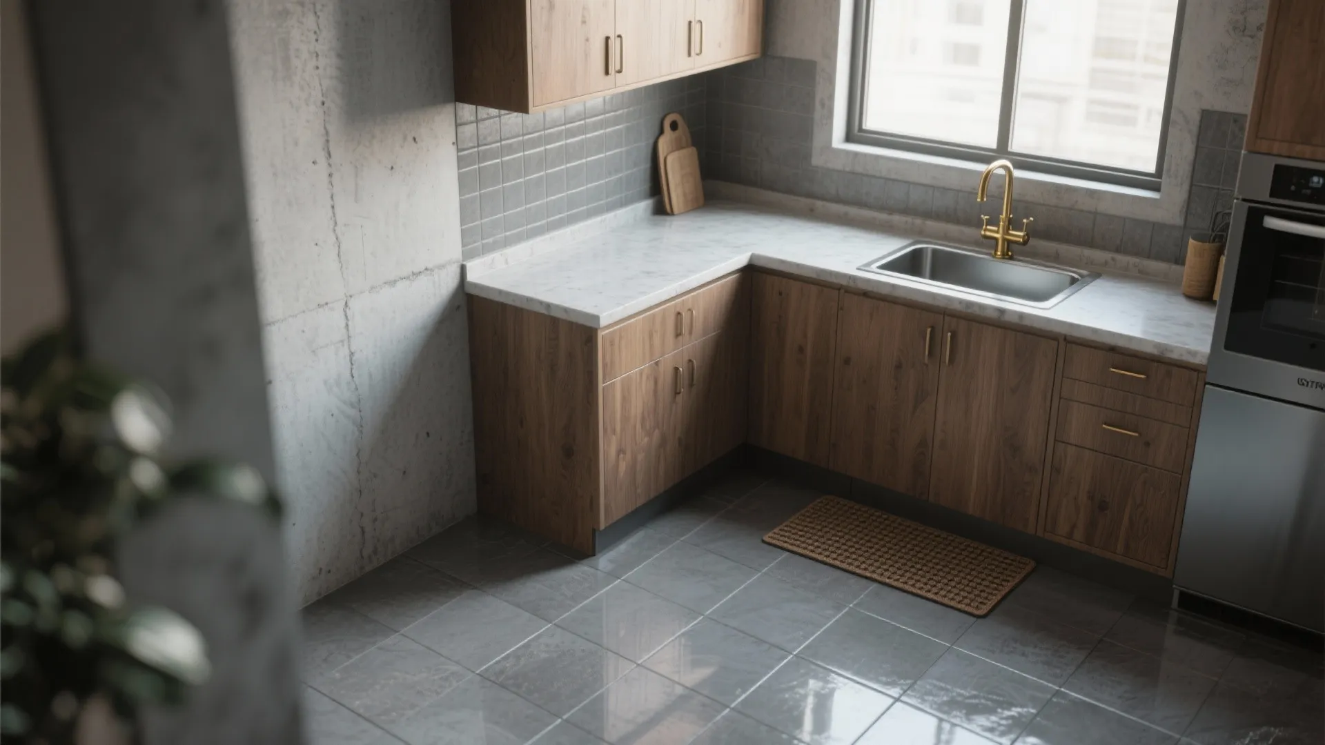 5. Polished concrete-look tiles for an industrial chic feel