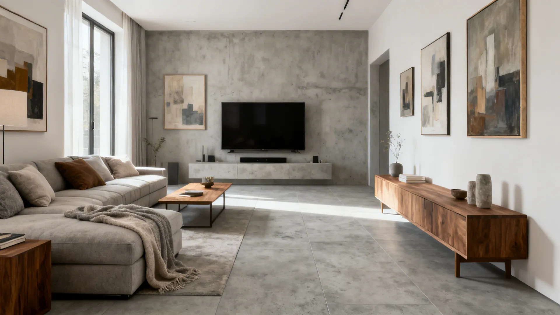Light gray matte concrete-look porcelain floor creates a gallery-like modern living room.