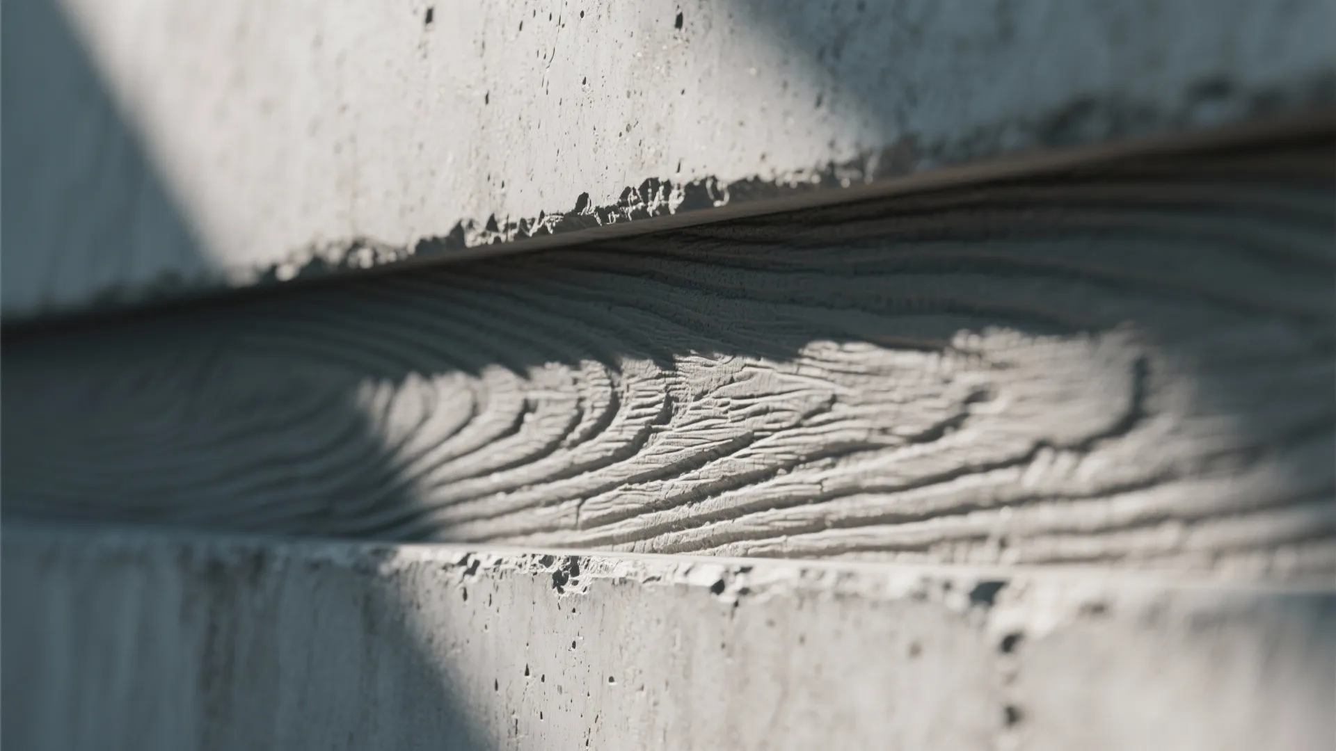 Close up shot of grey concrete wall panel with wood grain texture and sun light